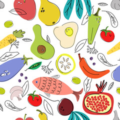 Seamless pattern of vegetarian diet food, healthy lifestyle. Vector eggplant, carrots, peppers, apples, champignon mushrooms, fish, pears, tomatoes, beets, lemon, pomegranate. Vegetables and fruits.