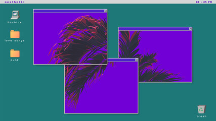 Tropical palm tree on ultraviolet flat background, futuristic minimal vaporwave vintage - retro vibe / nostalgic OS windows and icon style background