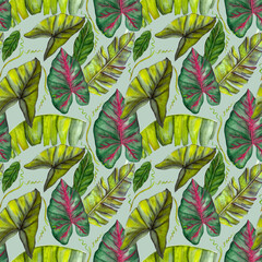 Seamless exotic pattern with tropical banana leaves in vintage style.