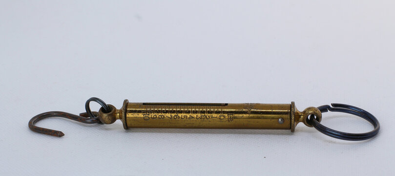 Vintage Brass Spring Balance Force Gauge Measuring Device, Weighing Scale With Hook And Ring 