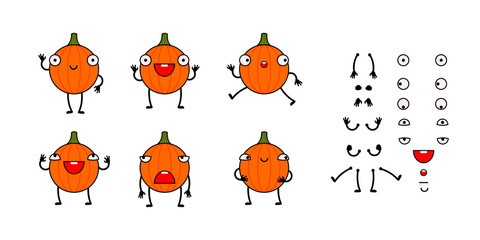 Funny pumpkin character creation set with various gesture, emotion