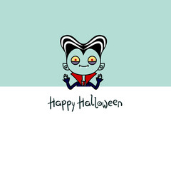Funny cartoon Dracula on gray background. Halloween card with inscription.