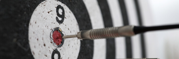 Dart shot to bull eye of dartboard among others