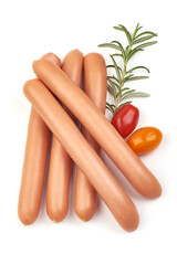 Fresh boiled Wiener sausages, isolated on white background