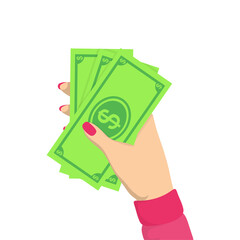 Paper money in female hand, pink nails, cash payment