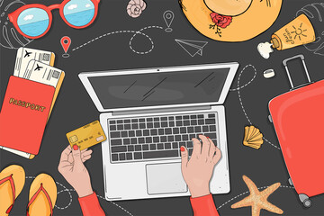 Person plans a trip, orders tickets online on a laptop, and pays with a credit card. Poster on the theme of summer travel on a dark background. Hand-drawn.