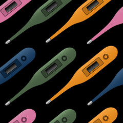 The thermometer is electronic. Medical topics. Seamless vector pattern. The device of several colors on an isolated black background. Endlessly repeating ornament. Idea for wallpaper, cover, packaging