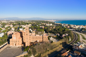 aerial view of the church of santa teresa in anzio on the lazio coast