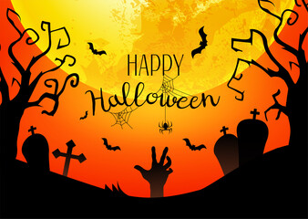 Happy halloween festival on sunset background, full moon on dark night in cemetery with silhouette zombie hand up from the grave, scary trees and spiders with bats
