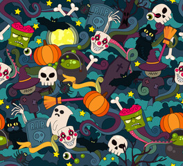 Colorful vector hand drawn Doodle cartoon seamless of objects and symbols on the Halloween theme