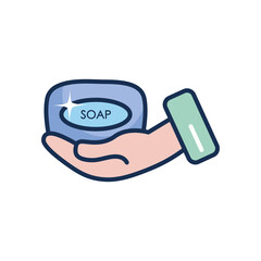 hand holding a soap bar icon, line fill style