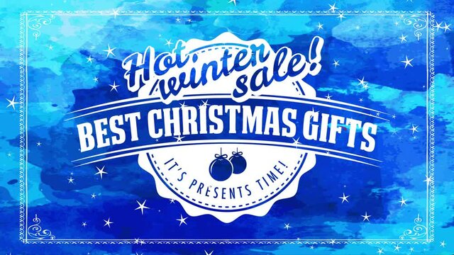 hot seasonal sale advertisement offering excellent christmas gifts with oval emblem with aged offset on blue scene