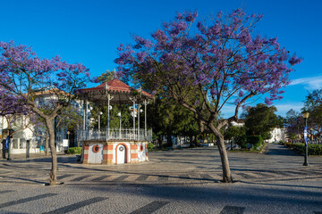 Fototapeta na wymiar Palco de música en Plaza Don Francisco Gómez Praça Dom Francisco Gomes en Faro Portugal en un día de sol con jacaranda en flor y cielo azul