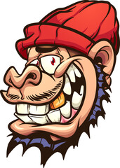 Cartoon monkey smiling with a read beanie hat and a golden tooth. Vector clip art illustration with simple gradients. All on a single layer.
