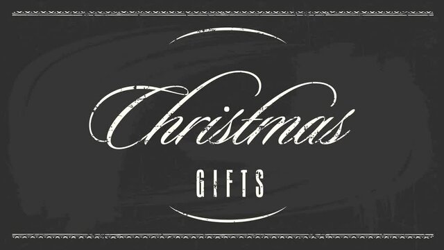 elegant christmas gifts exchange party invitation with delicate white calligraphy in center of black chalkboard