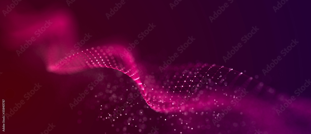 Aufkleber Big data visualization. The musical stream of sounds. Abstract background with interweaving of dots . 3D rendering.