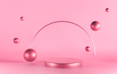 Podium, pedestal on pastel background with flying pink spheres. Mockup template for advertising goods. Round stand platform - 3d render illustration. Pink, peach, beige delicate colors to promote.