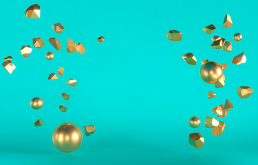 Gold gem stones pieces fly. Explosion, rock destruction - 3d render illustration. Luxury summer blue background for template mockup. Exhibition Space for brand goods, creative advertising promotion 