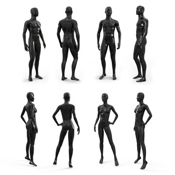 Black plastic female and male mannequin for clothes. Side, front and back view. Plastic mannequin for clothes and shop window decoration. 3d illustration isolated on a white background.