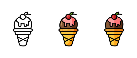 This is a set of icons with different style ice cream in a waffle cup. Contour and color ice cream symbols in a waffle cup. Freehand drawing. Stylish web site solution.
