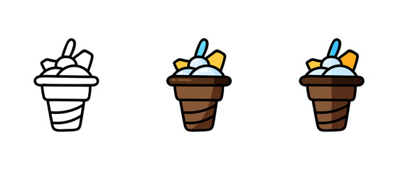 This is a set of icons with different style ice cream in a waffle cup. Contour and color ice cream symbols in a waffle cup. Freehand drawing. Stylish web site solution.