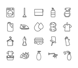 toilet pump and cleaning tools icon set, line style