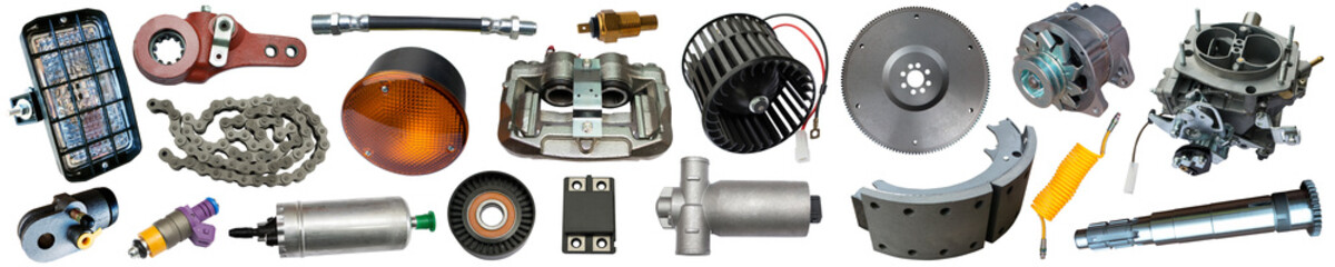 Big collection of auto spare parts for maintenance and car repair isolated on white background. Banner of car parts.