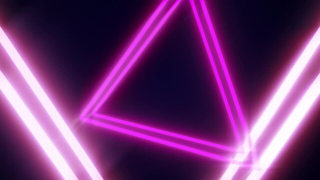 Abstract neon triangle shape dynamic motion. Retro wave bright glowing sci-fi backdrop. Light rays and flares. Trendy Retro futuristic style 80s, 90s. 3D Render. Graphic 4K Animation