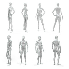 Set of female and male transparent shiny glass (plastic) mannequin for clothes. Standing female and male invisible figure. Side, front and back view. 3d illustration isolated on a white.