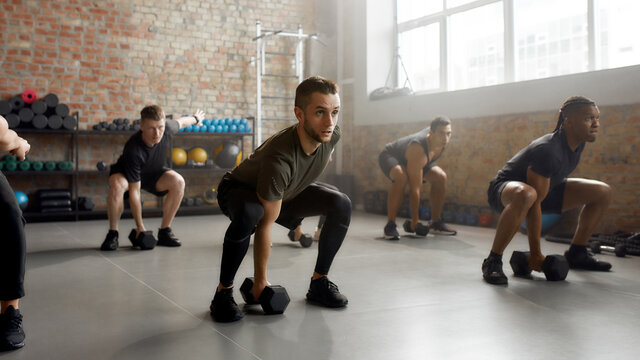 Efficient performance. Young athletic man lifting dumbbell while having workout at industrial gym. Group training concept