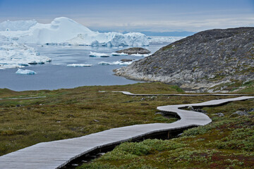 Icebergs piled up in the icefiord, calved from Sermeq Kujalleq glacier, Ilullisat, West Greenland