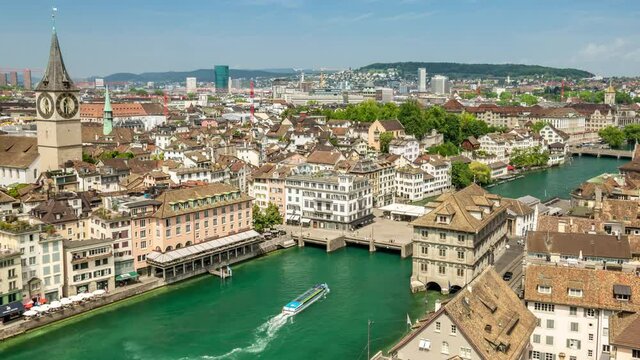Aerial view of Limmat river in old town Zurich, Switzerland. Time lapse video.