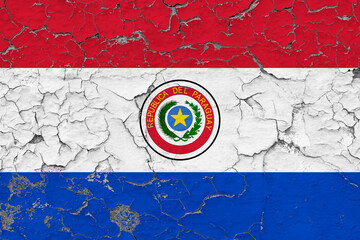 Paraguay flag close up grungy, damaged and weathered on wall peeling off paint to see inside surface. Vintage concept.