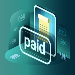 Check on the screen of a mobile device. The inscription is sold in the form of a luminous seal. Online purchases, payment of checks. Vector illustration