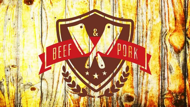 beef and pork butchery shop ad with medieval style emblem with big knives crossing on wooden background