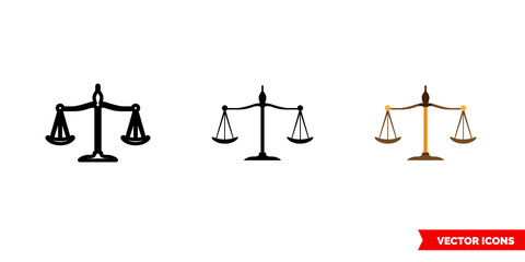 Scales of justice icon of 3 types. Isolated vector sign symbol.