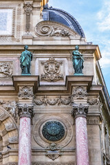 Sculpture of ancient Paris Fountain Saint-Michel at Place Saint-Michel. France. Fountain Saint-Michel constructed in 1858 - 1860 during French Second Empire. Paris, France. 