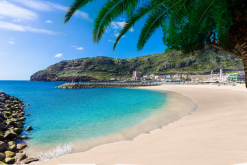 Beautiful Machico bay resort, one of the famous beach of Madeira island in summer holiday