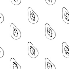 Square seamless pattern half papaya tropic fruit. Digital art doodle outline on white background. Banner print, social media post, packaging, wrapping paper, textile, fabric