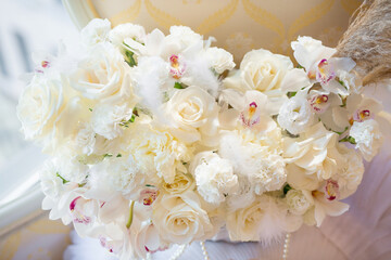 large beautiful white bouquet of delicate natural flowers of roses