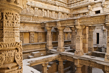 Ornately carved pillars of Rani-ki-Vav step well, Patan, Gujarat, India