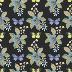 Seamless floral pattern on a green background. Art watercolor for design, packaging and printing. Abstract watercolor illustration for print and wallpaper.