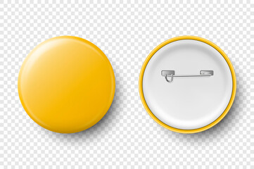 Vector 3d Realistic Yellow Metal, Plastic Blank Button Badge Icon Set Isolated on Transparent Background. Top View - Front and Back Side. Template for Branding Identity, Logo, Presentations. Mock-up