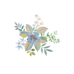Watercolor flowers with leaves isolated on a white background. Bright floral composition for design. Flowers drawn for print, cards, invitations, wallpapers.