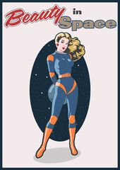 Woman Astronaut Space Pin Up Poster, Retro Futurism Style, Beauty, Astronaut Suit, Helmet, Mid Century Modern Art Style