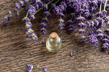 A bottle of essential oil with fresh lavender flowers