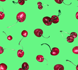 Seamless pattern with fresh cherry berries on bright background. Watercolor illustration for textiles, packaging, Wallpaper.
