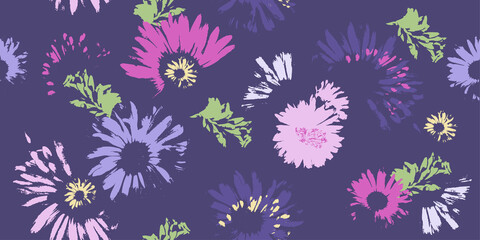 Fototapeta na wymiar Hand-drawn seamless pattern with floral print. Abstract multi-colored daisies on purple background. Vector pattern for printing on fabric, gift wrapping, covers, wallpapers.