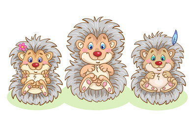 Family of three funny hedgehogs. In cartoon style. Isolated on white background. Vector illustration.