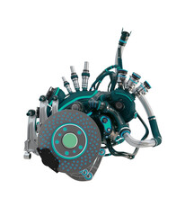 Metal artificial heart with deep green matte parts. 3d rendering of robotic heart organ on light background
